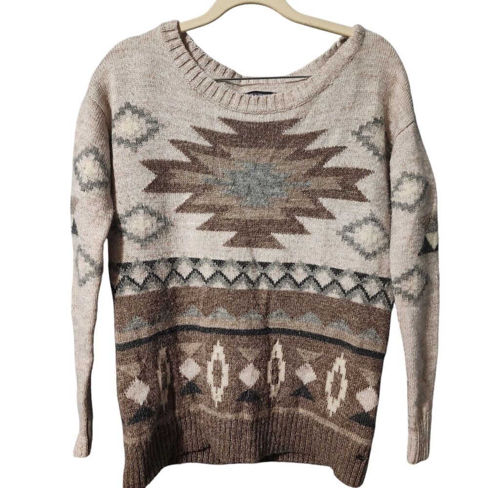 American Eagle Pullover Sweater Womens S Beige Wool Blend Long Sleeve Fair Isle